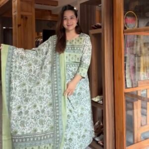Indo Era Green Printed Straight Kurta Trousers With Dupatta Set